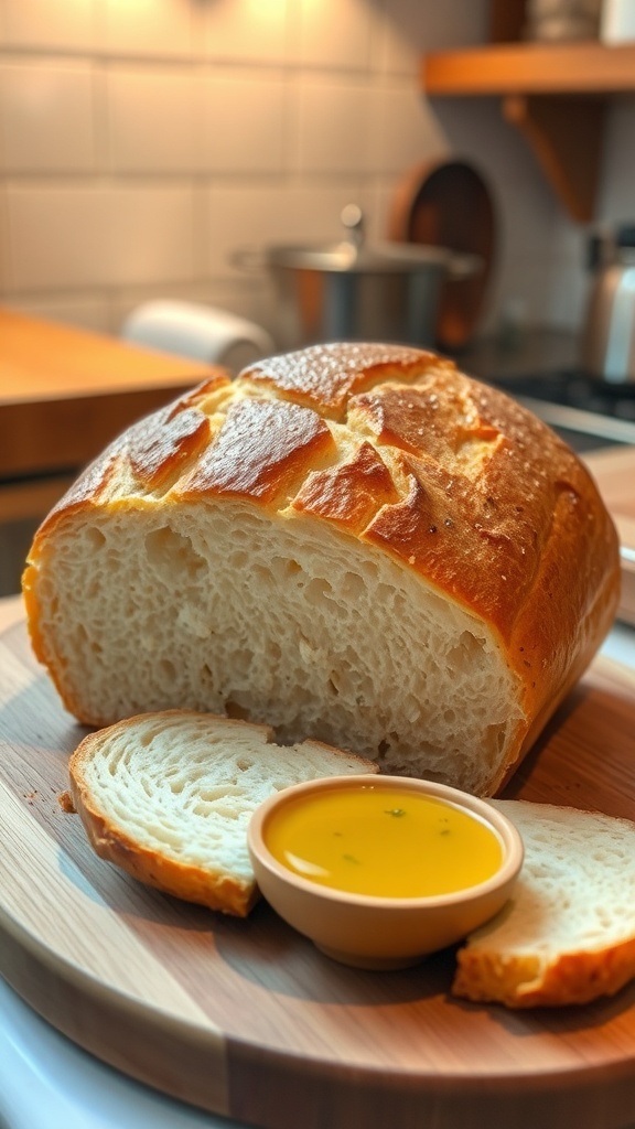 A golden brown gluten-free bread loaf sliced on a cutting board with olive oil and herbs.